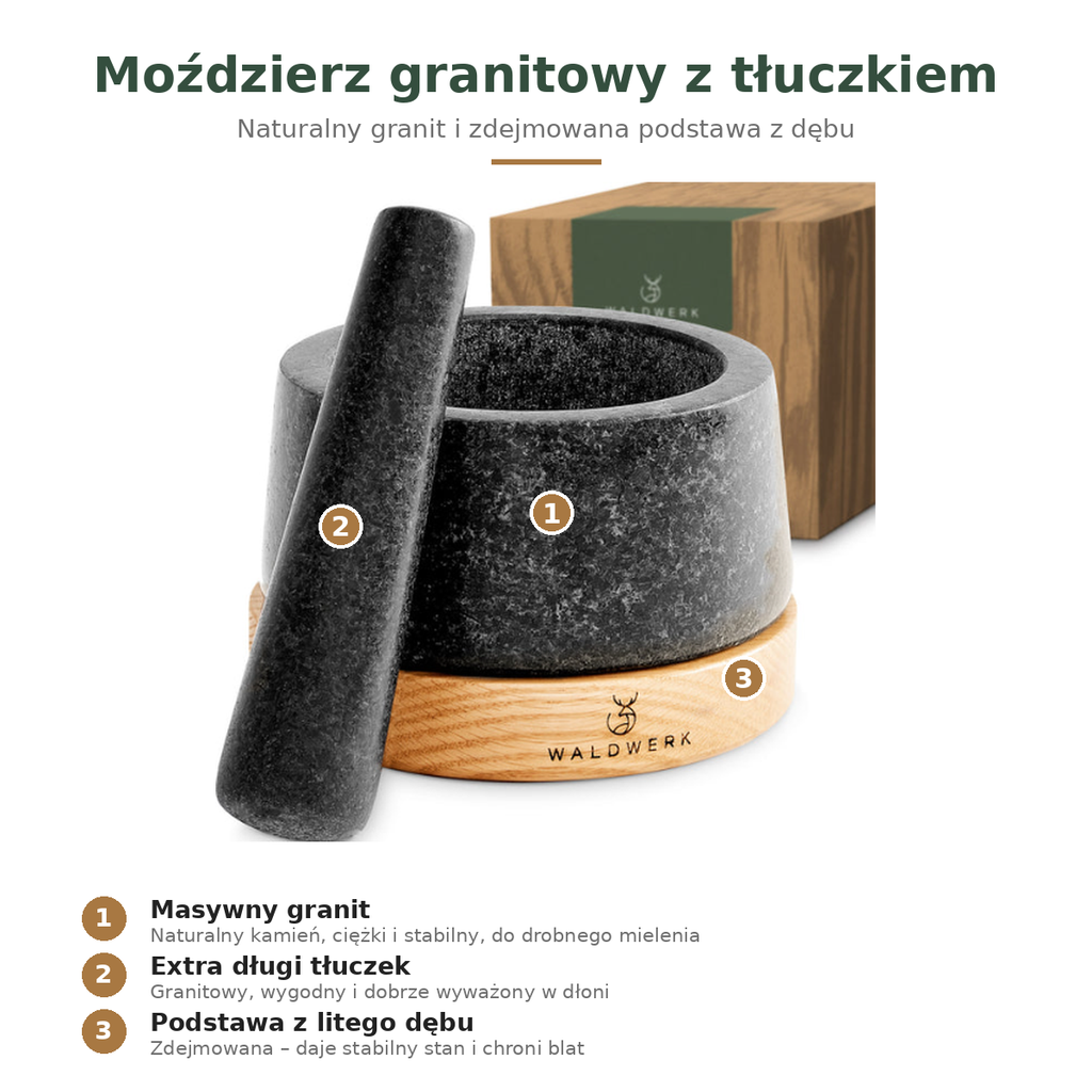 Moździerz granitowy z tłuczkiem i drewnianą podstawą Waldwerk 15 cm