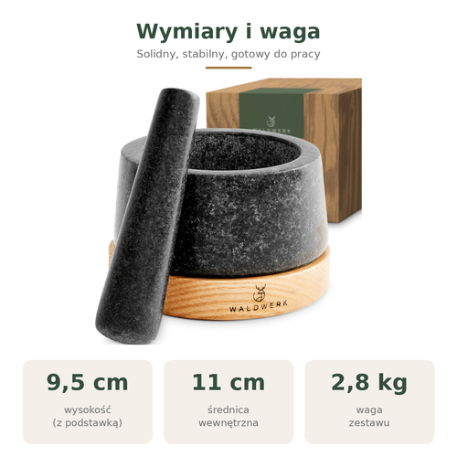Moździerz granitowy z tłuczkiem i drewnianą podstawą Waldwerk 15 cm
